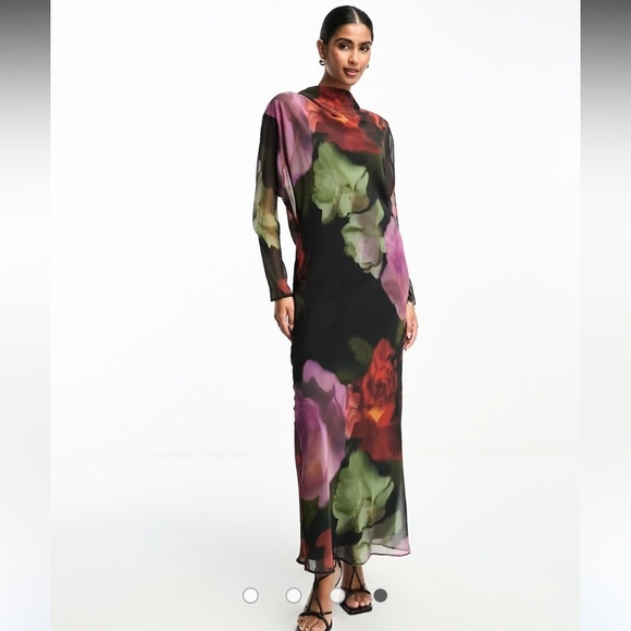 NWT ASOS DESIGN chiffon maxi dress blurred floral print with turtleneck size 8 - Picture 2 of 12
